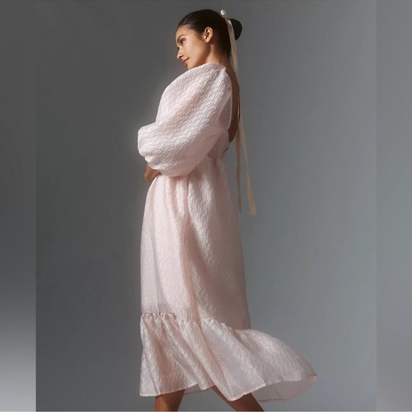 New By Anthropologie Textured Pink Puff-Sleeve Dress SP Small petite - Picture 2 of 10